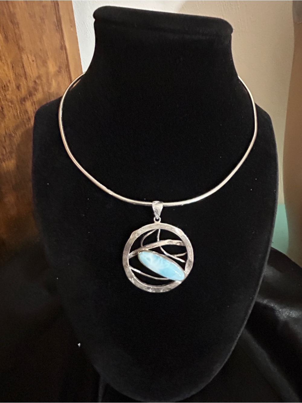 Sterling Silver Round Necklace with Larimar Stone Set in a 925 Circular Frame
